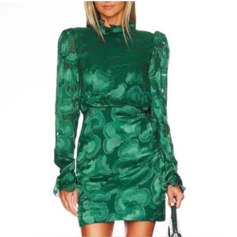 SALONI Silk Jacquard Mini Dress – Emerald Green Long Sleeve Ruched UK 6 / US 2